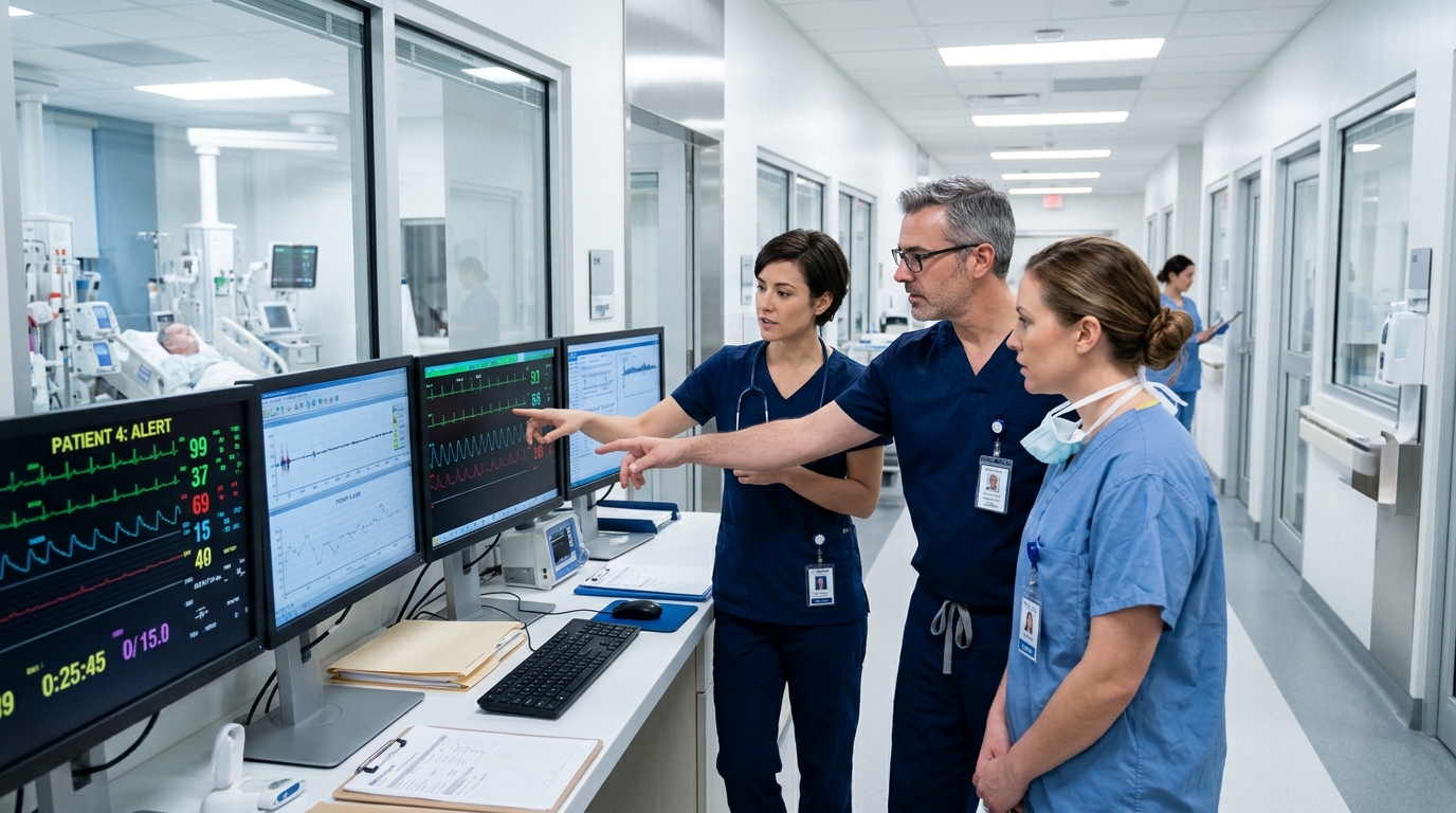 Team of clinical physicians and surgical staff in a modern tertiary hospital intensive care unit reviewing real-time patient telemetry waveforms and diagnostic parameters on distributed clinical monitoring workstations.