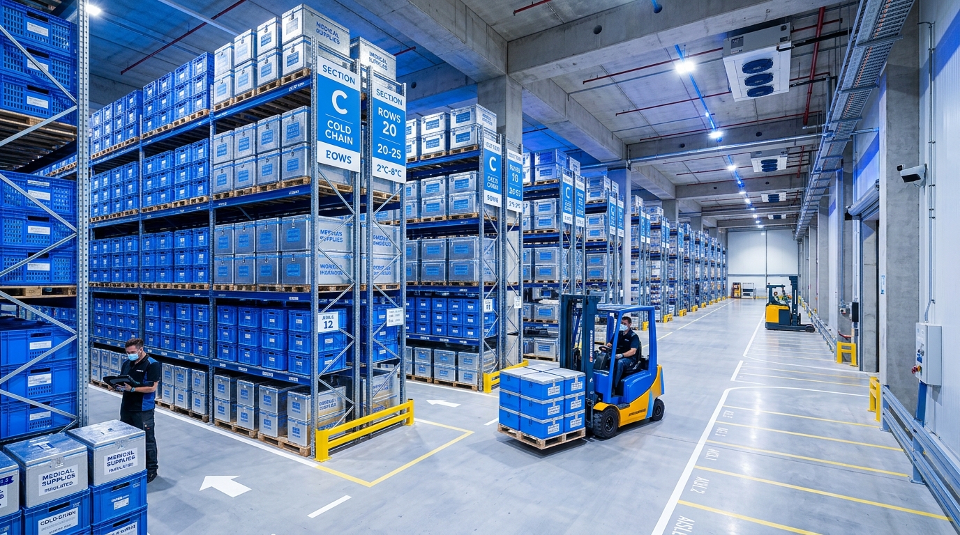 Modern pharmaceutical and medical supply distribution center featuring high-bay pallet racking, temperature-controlled cold-chain staging zones, automated inventory logistics, and electric transport equipment.
