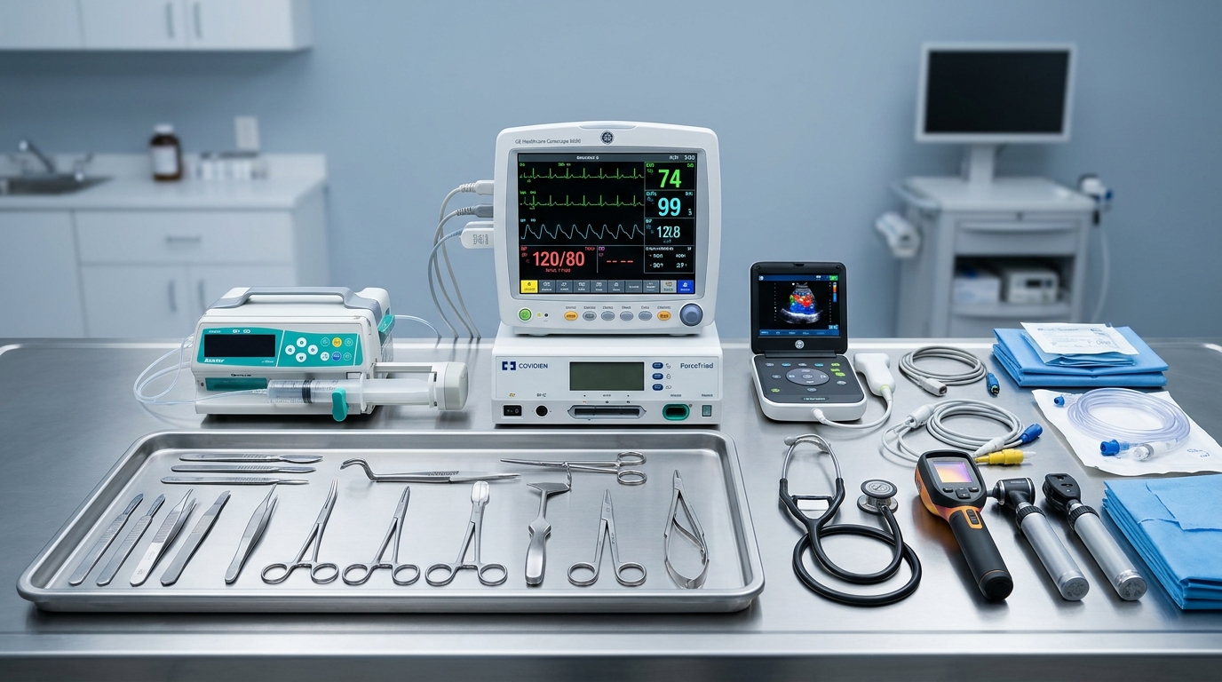 Arrangement of certified medical equipment and surgical instruments, including digital vital signs monitors, electrosurgical units, diagnostic scopes, and precision stainless steel surgical tools on a sterile clinical examination table.